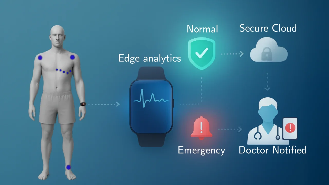 Wearable health monitoring system with edge analytics for real-time diagnostics, emergency alerts, and secure cloud reporting.