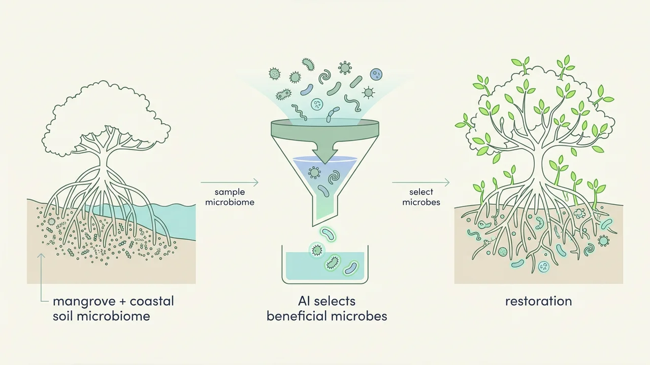Enabling mangrove restoration by AI-tailored microbiome fortification — research illustration